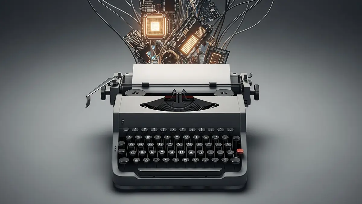 Aus einer Schreibmaschine kommen Hardware-Sachen raus